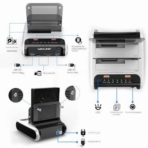 Hard Drive Docking Station, WAVLINK USB 3.0 Hard Drive Base Support Offline Cloning Function for 2.5" and 3.5" SATA SSD HDD, TF and SD Card and USB Charging