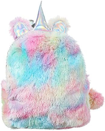 Girls Cute Plush Unicorn Plush Backpack Iridescent School Rucksack Bookbag Casual Shoulder Bag for Ladies Women