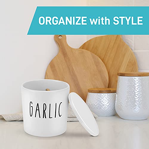 Garlic Container Ceramic Garlic Keeper With Acacia Wood Lid ...