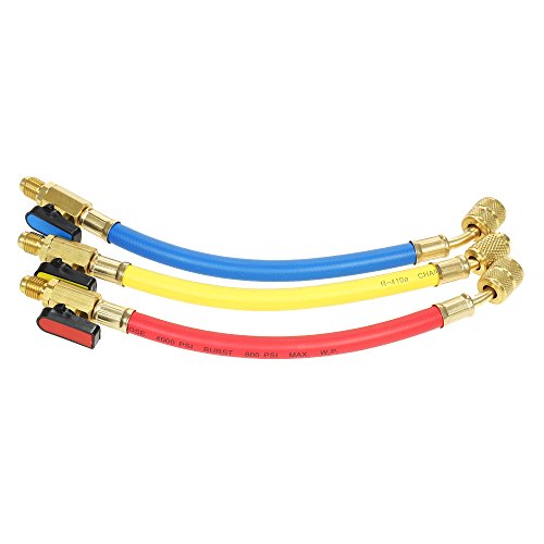 KKmoon 3pcs R134A R410A R22 R12 800 PSI Manifold Gauge Set A/C Refrigeration Charging Hose High Pressure HVAC Refrigerant Charging Hoses Set with Ball Valve