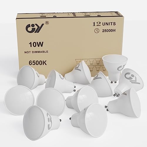 GY 12 x GU10 LED Bulbs, 10 Watt (100 Watt Equivalent), 1100 Lumens, 6500K Cool White, Can be used for Integrated Wide Flood Lighting, CE Listed, Non-Dimmable