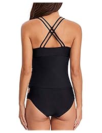 Tankini de cuello en V para dama con espalda cruzada y parte inferior de bikini de dos piezas