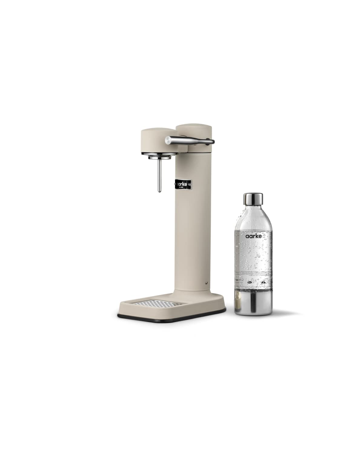 Aarke Carbonator 3, Wassersprudler aus Edelstahl im modernen Sand Finish mit BPA-freier 1L PET-Flasche, Sprudelwasserbereiter für Leitungswasser, kompatibel mit 60L CO2-Zylindern
