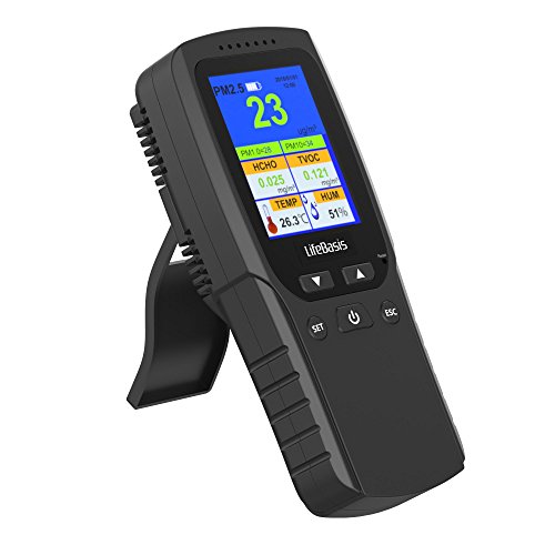 Life Basis Air Quality Monitor, Accurate Testing PM2.5 Particle Counter Formaldehyde HCHO Detector with PM1.0 PM10 TVOC TEMP HUM AQI Multi Test Data for Indoor Outdoor Car