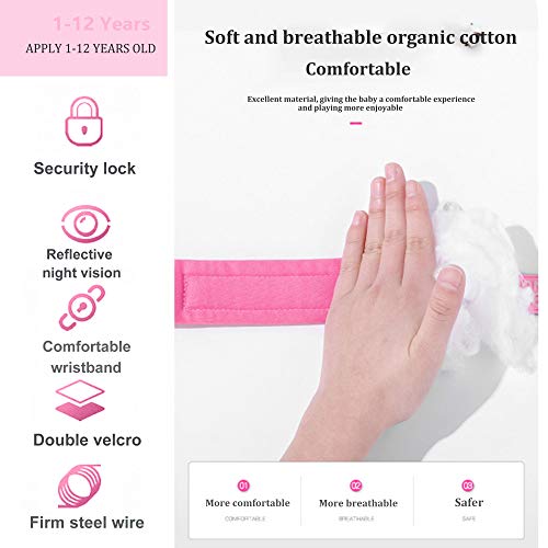 Anti Lost Wrist Link with Induction Lock，Night Reflective Toddler Safety Harnesses Leashes，Babies & Kids (Pink) - Thumbnail 3