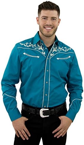 STARR Men's Embroidered Western Snap Cowboy Shirt by Classic Vintage Scroll Design | Smile Pockets | Trim Fit SHC004-TURQUOISE-Size-L