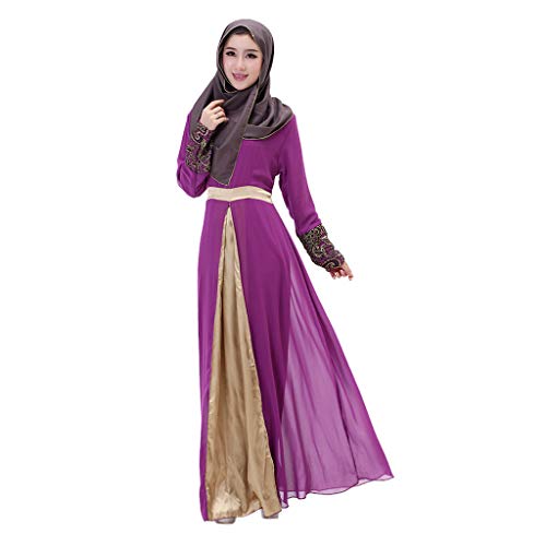 Muslim Evening Dress for Women Maxi Party Dresses Islamic Clothing Chiffon Color Block Kaftan Caftan Abaya Robe Gown Purple