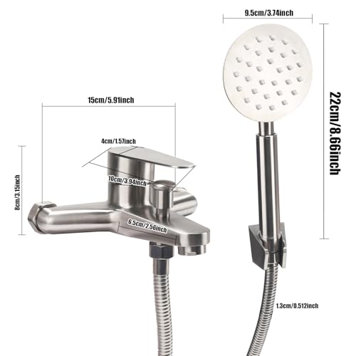 FALSKT Bath Tap with Hand Shower, Stainless Steel Bathtub Mixer, Wall Mounted Single Lever Shower Tap, Outdoor Shower Mixer Tap for Bathrooms, Tubs, Silver