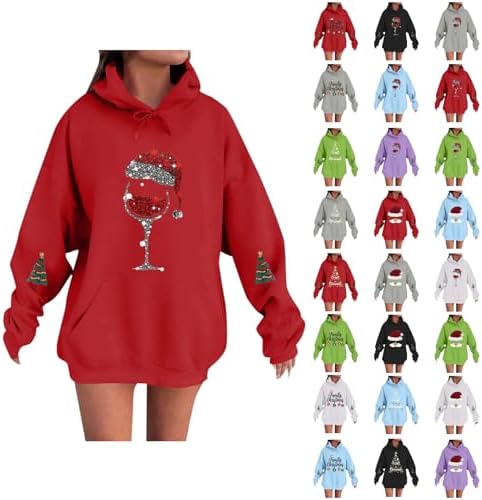 Christmas Tunic Tops for Women Uk Hooded Sweatshirt Xmas Jumpers Funny Graphic Long Sleeve Pullover Tops Ladies Sweaters Casual Holiday Hoodie Womens Winter Jumpers