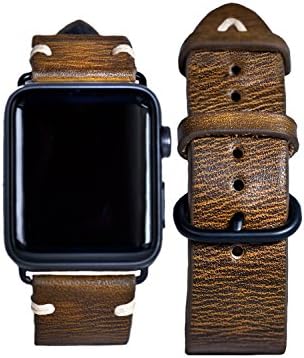 For Apple Watch - ASH Premium Watch Bands Stitched Leather for Series 1 2 3, Classic Replacement Strap with Secure Black Round Buckle, Adapter for iWatch (Light Brown, 42mm)