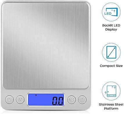 KUNSTWORKER Digital Kitchen Scale, 3000g/ 0.01g Pro Cooking scale with Back-Lit LCD Display, Accuracy Pocket Food Scale, Auto Off, Tare, PCS Function, Stainless Steel, Batteries Included - Silver