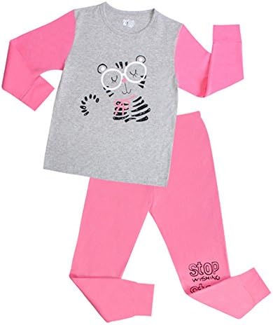 Girls animal Pajamas For Children Cats 2 Piece Sleepwear Cotton Clothes Set(6T, Grey/Pink)