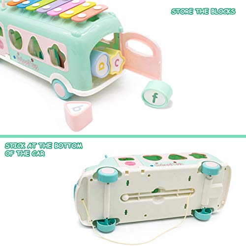 Lydaz Pull Along School Bus Toy with Xylophone, Shape Sorter (6 Alphabets Blocks), Multifunctional Vehicles for Baby Toddlers Kids Boys Girls Preschool