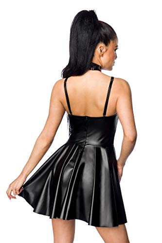Frauen Erotisches Damen Bänderoutfit aus Mini-Kleid ausgestellt und Ösen in Wetlook schwarz Harness Set elastisch – Bild 4