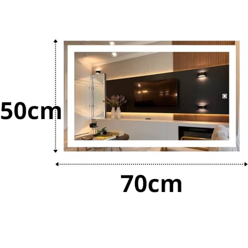 Espelho jateado lapidado decorativo Retangular Vertical ou horiontal 70x50cm luz led touch Dimerisável luxo iluminado (Led frio)