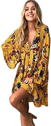 Taore Womens V Neck Floral Print Loose Beach Mini Dress Casual T Shirt Tops Blouse Top (S, White#)
