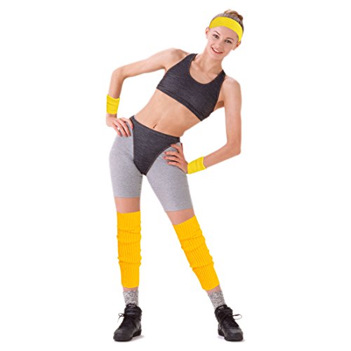 Women's 80s Costumes Accessories Neon Headband Wristband Leg Warmers Set for 1980s Theme Party Supplies(Yellow)