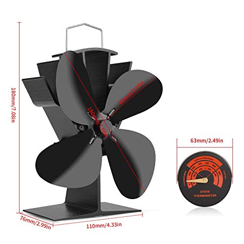 Sumapner 4 Blade Stove Fan - Quiet, Heat Powered Wood/Log Burner Fan - Eco Friendly Heat Circulation for Fireplaces +Stove Thermometer