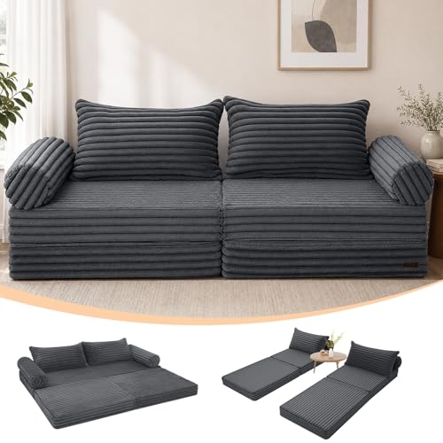 MeMoreCool Convertible Sofa Bed Queen, Corduroy Folding Couch Bed, Grey