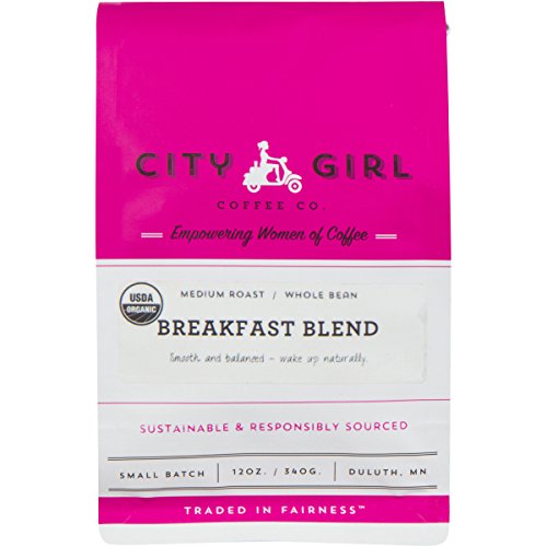 CITY GIRL COFFEEOrganic Breakfast Blend Medium Roast, Whole Bean, Fair Trade, Small Batch, 12 oz Resealable Bag