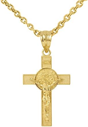 Solid 14k Gold St. Benedict Crucifix Cross Pendant Necklace (1.30")
