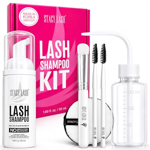 STACY LASH Lash Shampoo 50ml Kit Korean Makeup Remover with Eye Lash Spoolies & Rinse Bottle & Cleansing Pad & Brush for Eyelash Extensions & Clusters & Natural Eyelashes
