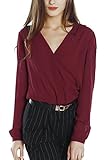 Womens V Neck Long Sleeve Ruffled Shoulder Solid Chiffon Blouse (Small, Wine Red)