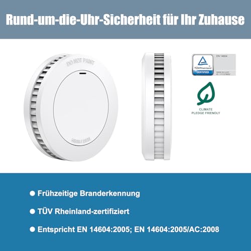 Smoke Detector, 10 Year Battery with Magnetic Holder, No Drilling, TÜV Rheinland Certified Fire Alarm without Flashing, Flat Smoke Detector, Fire Detector, Mute Function, EN14604, Set of 6