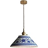 YYWYNUS Blue and White Ceramic Classic Chandelier Pendant Light Farmhouse Vintage Metal Pendant Light Ceramic E26 Hanging Lig