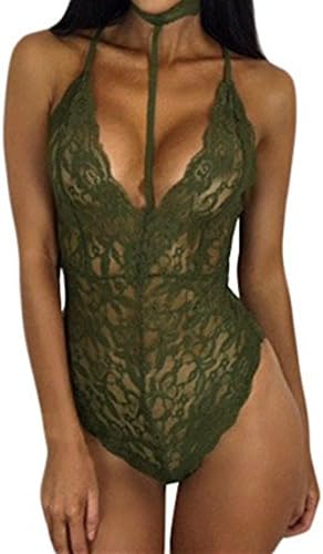 Disheen Sheer Lace Choker Neck Bodysuit, Women's Sexy Sheer Lace Choker Neck Teddy Lingerie Bodysuit Army Green L