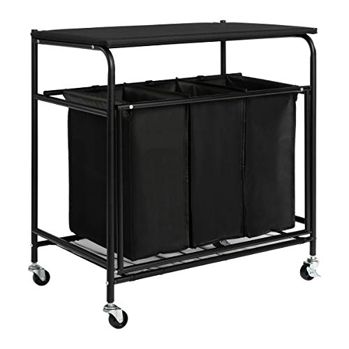 HollyHOME Laundry Sorter Cart with Ironing Board with Side Pull 3Bag