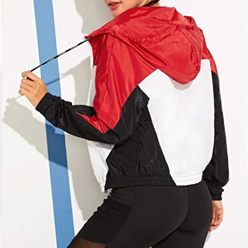 Women's Casual Color Block Drawstring Hooded Windbreaker Jacket, Woman Zip Hoodie Crop Tops Outerwear Sweatshirts(Red, XL) - Thumbnail 3