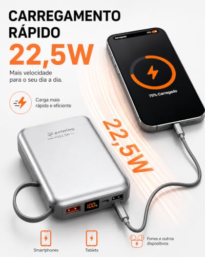 Power Bank 20000mAh 22,5W com Cabo USB-C Integrado e Display Digital LED | Carregamento rápido, compatível com iphone, alça de transporte