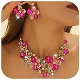 Missgrace Retro Indian Green Colorful Rhinestones Flower Bridal Wedding Jewelry Sets Crystal Pink Choker Necklace Earrings Set Prom Chunky Floral Bar Party Dainty Necklace Earrings for Women