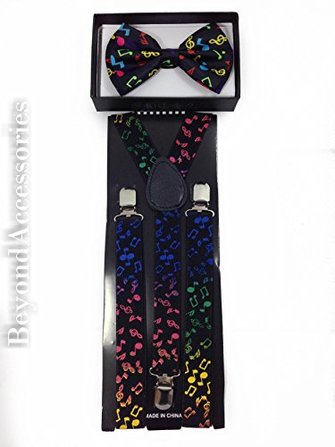 New Suspender Bow Tie Matching Colors Adults Unisex Formal - Halloween - Rainbow Music Note Combo