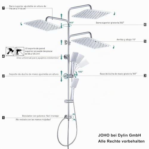 JOHO Stainless Steel Shower Column without Thermostat, Shower Set with Adjustable Height Bar with Hand Shower Head and Rain Spray Head 35 x 25 cm, Chrome