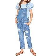 luvamia Girls Denim Bib Overalls Ripped Cuffed Hem Jeans Stretchy Overall Jumpsuit 6-13T