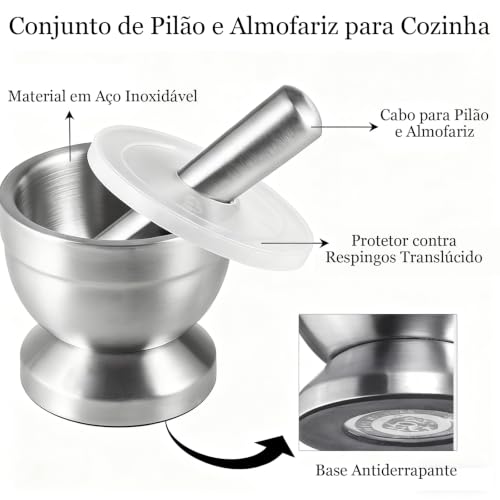 Pilao de Inox com Socador para Cozinha, com Tampa à Prova de Respingos e Base Antiderrapante, Inox 18/10, não Altera o Sabor Dos Alimentos, Perfeito para Geleia, Especiarias e Alho, Fácil de Limpar