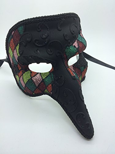 New Shor Nose Laser Cut Medieval Plague Doctor Face Design Masquerade Halloween Mask - Black w/ Rainbow Glitter Checker Pattern
