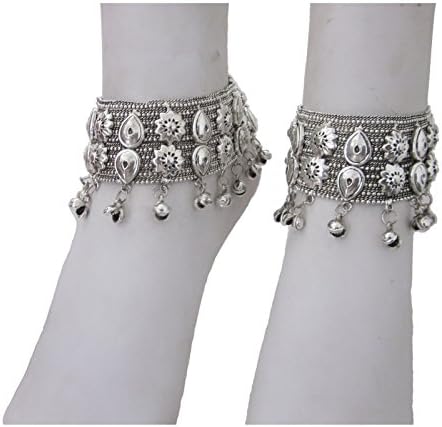 Anklet Pair Hancrafted Vintage Silver Finish | Wide Layered Soldered Chain Intricate Design | Tribal Gypsy Hippie Bohemian Festival Style Foot Jewelry | Boho Barefoot Sandals | Indian Payal