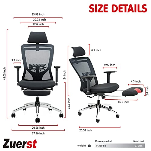 ZUERST Ergonomic Office Chair with Footrest Support Adjustable Mesh