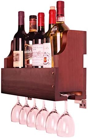 Old Oak Pine Wood Wall Mounted Wine Rack with Long Stem Glass Holder (Walnut)