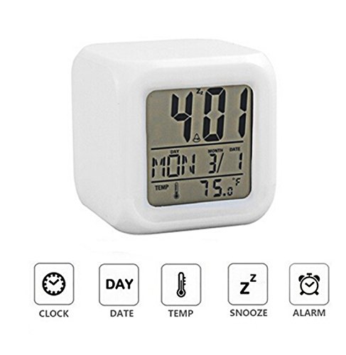 Zinnor Digital Alarm Thermometer Night Glowing Cube 7 Colors Clock Change LCD LED Changing Digital Alarm with Snooze,Music and Large Display-White