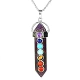 BEADNOVA 7 Chakra Natural Amethyst Gemstone Necklace Hexagonal Healing Crystal Pendant Necklace Stainless Steel Chain 18