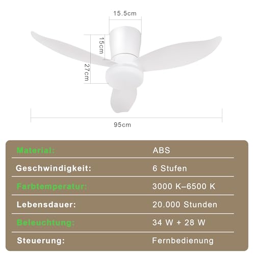 Homefire Ventilador de techo luz - Ventilador de techo silencioso de 3 aspas con luz, blanco, brillo ajustable, 6 velocidades, control remoto Lámpara de techo para dormitorio o cocina