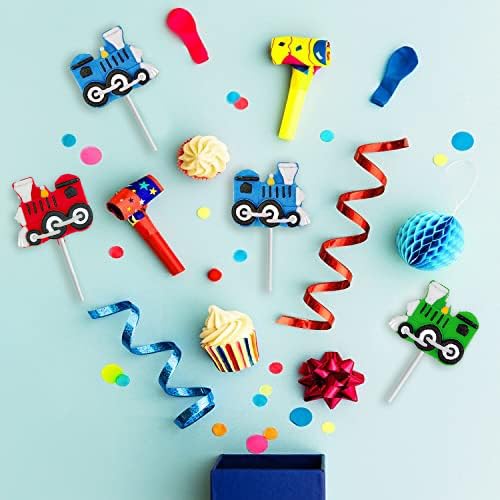 TRAIN SHAPED LOLLIPOPS – 12 INDIVIDUALLY WRAPPED CANDY SUCKERS FOR TRAIN BIRTHDAY PARTY FAVORS FOR KIDS – GOODIE BAGS AND CANDY BAR – HAND DECORATED POPS