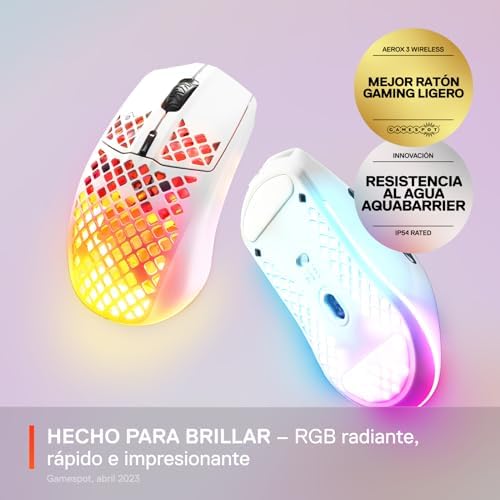 SteelSeries Aerox 3 Wireless - Mouse para jogos perfurado RGB - Design ultraleve resistente à água - Sensor ótico TrueMove Air 18K DPI - Neve