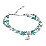 CHRAN Starfish Sea Turtle Anklets Multi Layered Turquoise Stone Beads Boho Beach Charm Anklet for Women