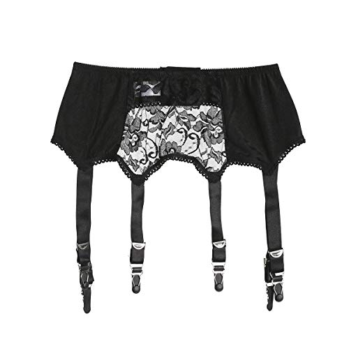 Women's Sexy Lace Garter Belt with 6 Straps Metal Clip Suspender for Thigh High Stockings Black S