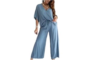 TAKEBERNY Women’s Casual Loose Solid Color Suit, Two Piece Sets For Women, V-Neck Womens Lounge Set, Pant Sets For Women